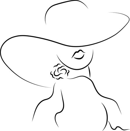 Woman silhouette vector illustration. Female with a hat black outlines. Fashion woman contour. Girl modelのイラスト素材