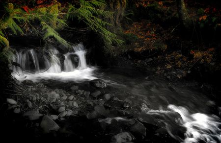 Black and white image of a long exposure of a water flowing down a river