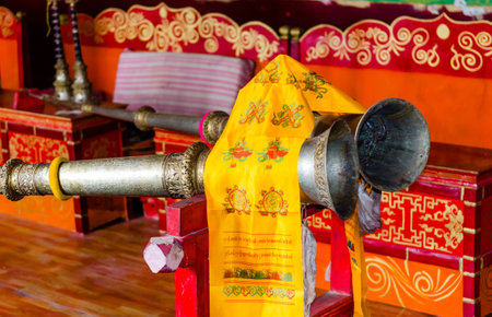 Musical instruments in a Buddhist temple.の写真素材