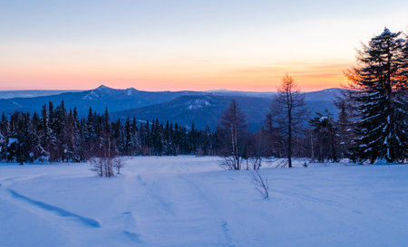 Winter evening in the Ural mountains. Russiaの写真素材