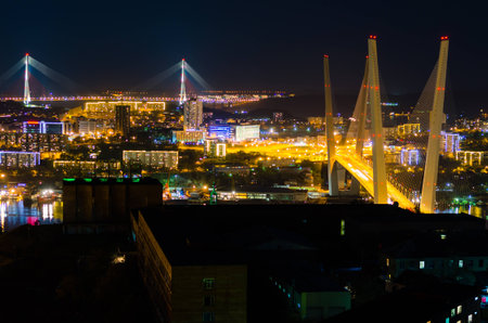 Night panorama of the city of Vladivostok. Russiaの写真素材