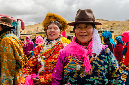 Tibetan women in traditional dress on holiday in the area of Lake Manasarovar
