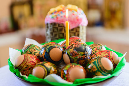 Easter cake and Easter eggs, churchの写真素材