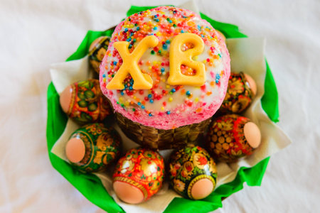Easter cake and Easter eggs, church