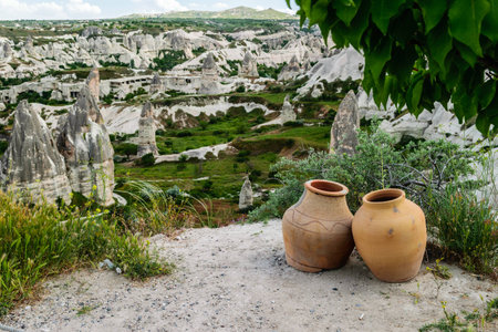 Pitchers on the background of rocks. Cappadocia. Turkeyの写真素材