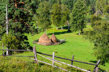 Summer landscape with haystacks in the mountains of the Southern Urals.の写真素材