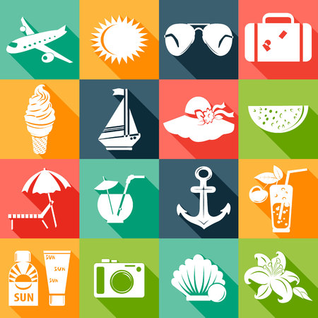 sixteen icons in flat style on the theme of summer and vacationのイラスト素材