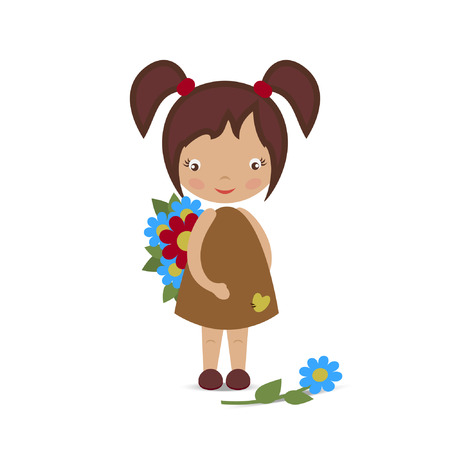 The little girl is holding flowers. The image on a white backgroundのイラスト素材