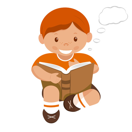 vector illustration of cartoon little cute boy sitting reading a bookのイラスト素材