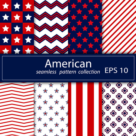 Set. Eight seamless pattern in national American colors. No gradients. Red, blue, white. Stock vector.のイラスト素材
