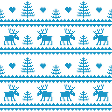 Seamless fabric.Merry Christmas and happy New year. Elk. Tree. Pixels. White and blue color. Background, gift wrapping, design, pattern, ornament, background website.のイラスト素材