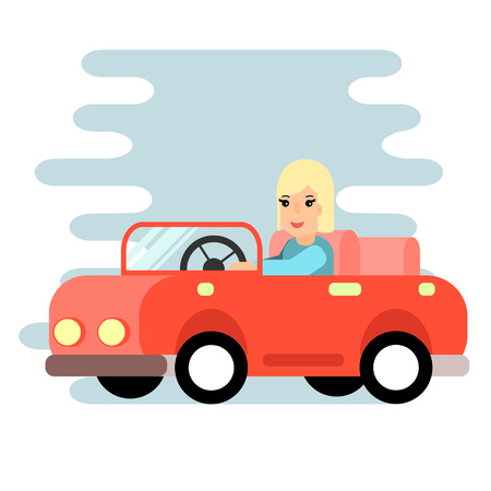 The woman behind the wheel . Red car, Flat design.のイラスト素材