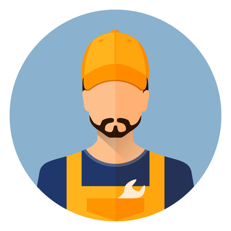 Builder Builder in protective clohing and helmet. A motor mechanic. Builder. Cars. Flat design. Stock vector.のイラスト素材
