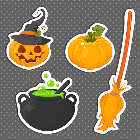 Set of Halloween stickers related objects and creatures. Set of halloween icons for your design. Flat design. Halloween symbols.のイラスト素材
