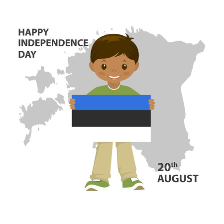 Vector illustration of a ribbon for Estonia Independence Day. The boy holds his flag.のイラスト素材