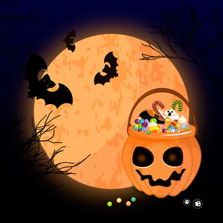 Vector illustration of a scary Halloween design. A bright moon, a bucket of candy. Postcard for your design.のイラスト素材