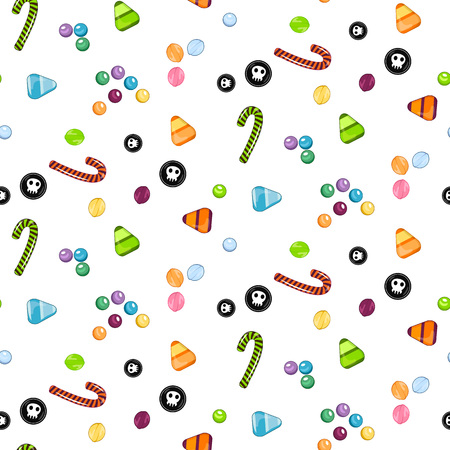 Halloween candy seamless pattern. Texture with sweets, candy corn and pumpkins on black background.のイラスト素材