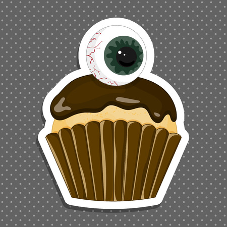 Vector illustration of a Halloween purple cupcake sticker. Happy Halloween scary sweets. Sweet big eyes.の写真素材