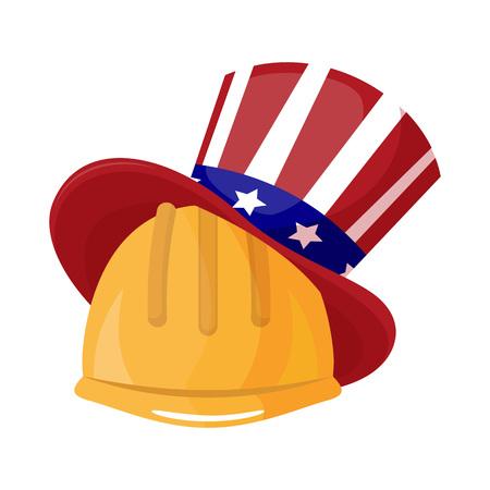 Labor day, September 7, in the United States of America, American design, labor day. Beautiful composition working yellow helmet and hats with the flag of the United States. Labor day poster design. Stock vector.のイラスト素材