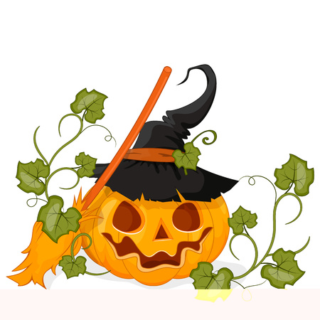 Happy Halloween Stock vector. Cartoon pumpkin in a hat smiling. Isolated white background.のイラスト素材