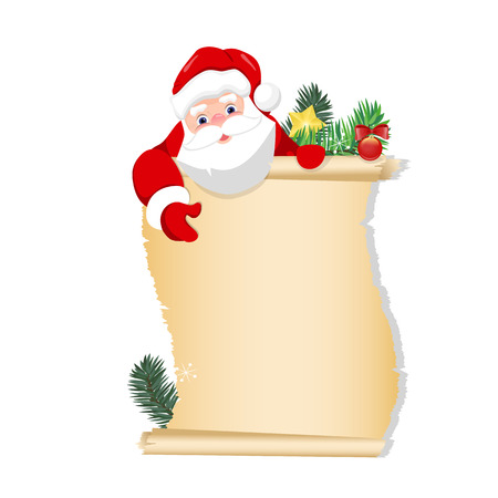Merry Santa Claus standing with Christmas greetings banner in arm.のイラスト素材