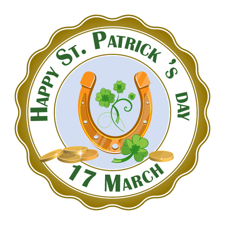 A large horseshoe for good luck and gold coin cartoon. Two leaf clover. Happy St. Patrick s day inscription. Isolated on white background. Vector illustrationのイラスト素材