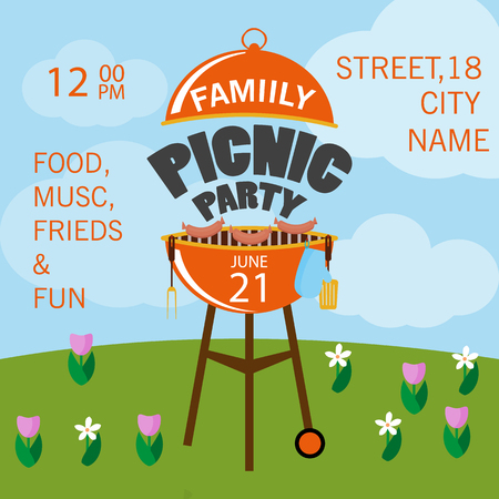 Lovely vector barbecue party invitation design template set. Trendy BBQ cookout poster design with classic charcoal grill and sample text. Vector illustration flat design. Grill picnic template.のイラスト素材