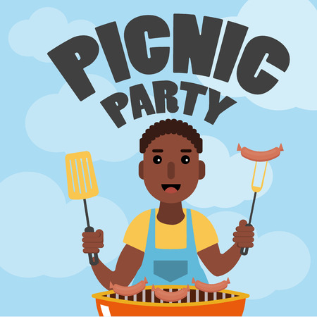 Invitation card on the barbecue. BBQ party poster. Cooked hot fried sausage on a fork in the hand of man. Isolated on white background. Vector illustration flat design.のイラスト素材