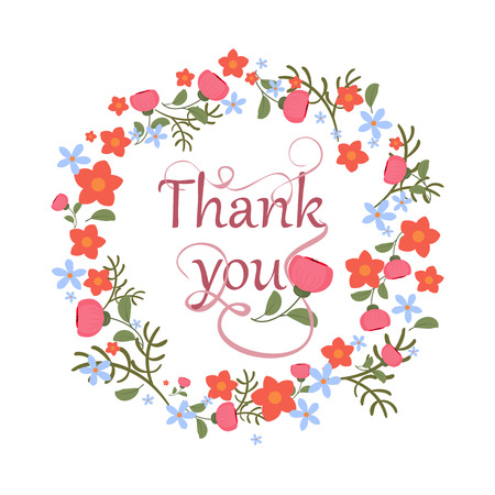 Greeting card with floral ornament and hand-written lettering Thank you Cute, bright background with flowers. Vector illustration.のイラスト素材