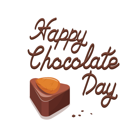 Poster with delicious cocoa text, ready to celebrate a happy and delicious chocolate day. Big almond nut. Stock vector. Cartoon style.のイラスト素材