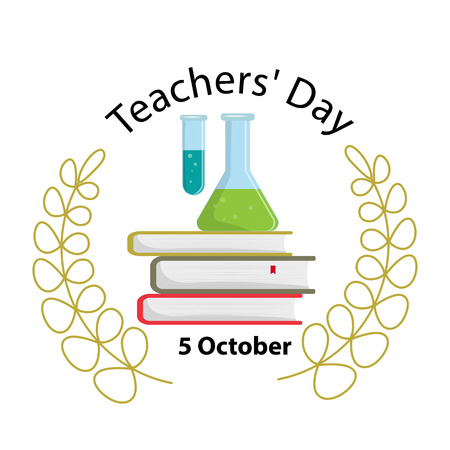 Happy teacher s day funny concept. Stock vector. A stack of books and flasks for experiments.のイラスト素材