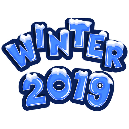 The word winter 2019, covered with layers of snow ice, on the text of snowflakes behind. Stock vector. Text in cartoon style.のイラスト素材