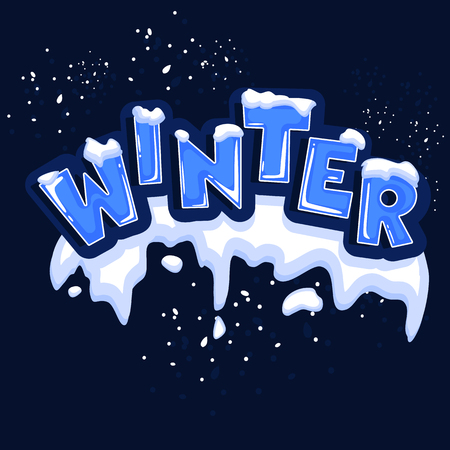 The word winter, covered with layers of snow ice, on the text snowflakes behind. Stock vector. Text in cartoon style.のイラスト素材