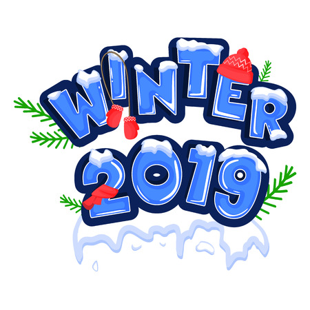 Word Hello winter, covered with layers of snow ice, decorated with a red hat, scarf and mittens with green twigs. Stock vector. Text in cartoon style.のイラスト素材