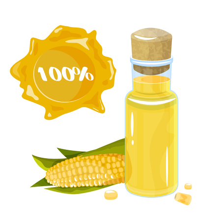 Colorful hand-drawn bottle of corn oil. Insulated cute bottles with healthy vegetable oil and corn. Sketch cartoon illustrations for restaurant, organic shop. Glass bottle with cork.のイラスト素材