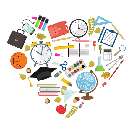Set of heart shaped school supplies vector illustration.のイラスト素材
