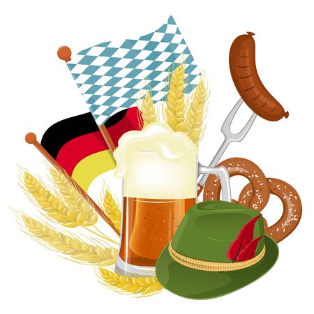 Oktoberfest party poster  with fresh dark beer, pretzel, sausage and blue-white flag party on whiteのイラスト素材