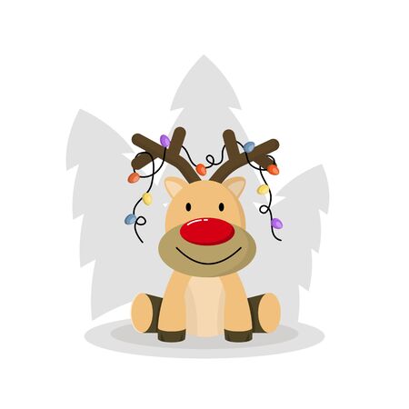 Cute christmas deer vector. Funny cartoon deer with decorative horns. On the horns are colorful lanterns. Holiday gifts.のイラスト素材
