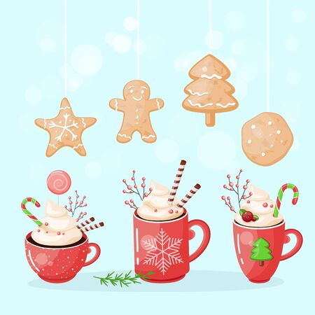 A set of cups of hot chocolate with cookies on top. Christmas drink on a winter background. Red mug of cocoa to go. Seasonal banner. Colorful vector illustration. Digital hand-drawn.のイラスト素材
