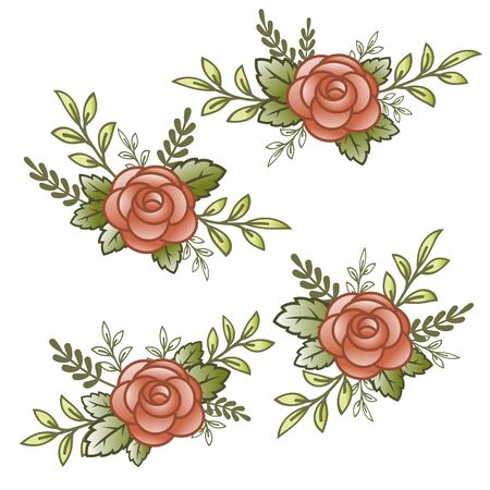 Flowers roses, red buds and green leaves. Set collection. Isolated on white background. Vector illustration. Greeting card design and wedding invitation, birthday, valentines day, mothers day, celebration.のイラスト素材