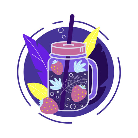 Jar of lemonade with red strawberry illustration. Cute vector drawing of a fresh summer drink with a straw. Bright vector illustration.のイラスト素材