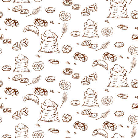 Various types of bread in a playful fashionable modern style, including curasans, buns, flour, ear, grain. Set of hand drawn bakery products isolated on white background. Stock vector.のイラスト素材