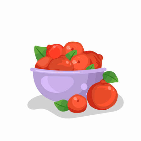 Cute poster with a bowl and citrus fruits. Tangerines in a dish. Vector illustration in cartoon design.のイラスト素材