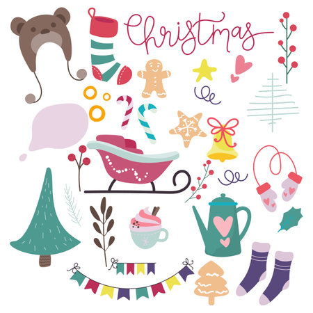 Vector set of holiday icons: socks, Christmas decorations, gingerbread, candles, gift, bear hat. Childrens illustrations for Christmas. Collection of sticky notes. Winter postcard.のイラスト素材