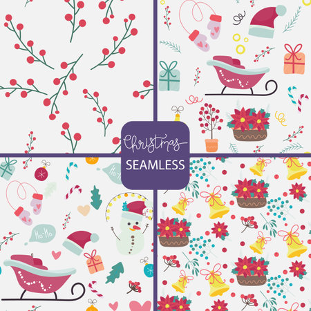 Set Vector seamless pattern with colorful illustrations of Christmas items.のイラスト素材