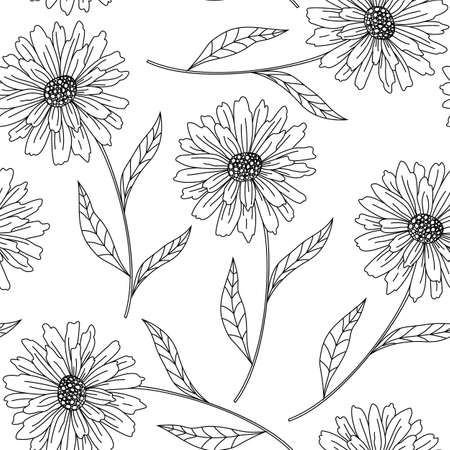 Seamless floral vector pattern with peonies, camomile or daisy. Hand drawn black paint illustration with abstract floral motif.のイラスト素材