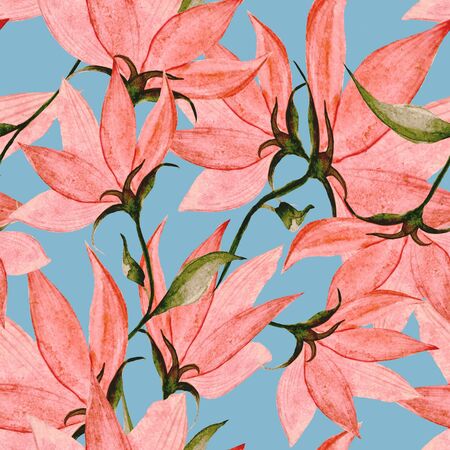 Hand drawing seamless pattern with watercolor pink flowers. Can be used for prints, banners, textiles, backgrounds, fashion design.の写真素材