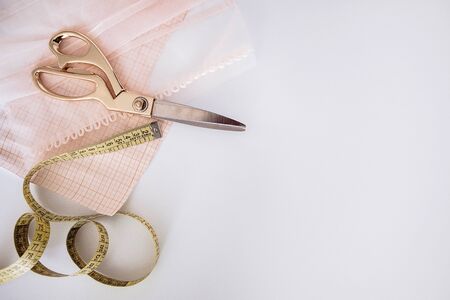 Sew stock image, handmade clothes, scissors and measure tape, minimalist style, clothing brand,...