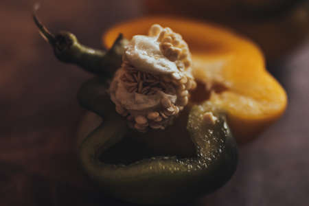 close up seeds of cut pepper macroの写真素材