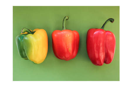 yellow, orange and red peppers lie on a green background, top view, white frameの写真素材